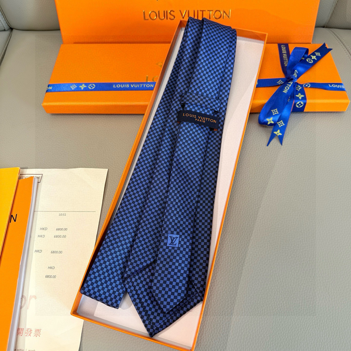 チェック柄 ネクタイ ルイヴィトン風 プレゼント ホスト 衣装 高級シルク調 光沢 ネイビー - 画像 6