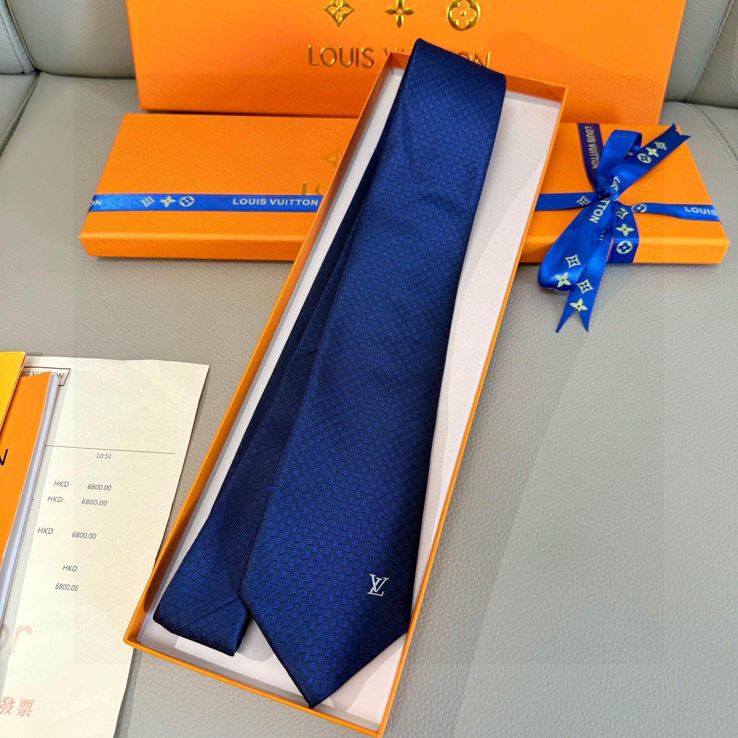 H織り ネクタイ ルイヴィトン風 結婚式 ホスト 衣装 高級シルク調 光沢 ネイビー - 画像 5