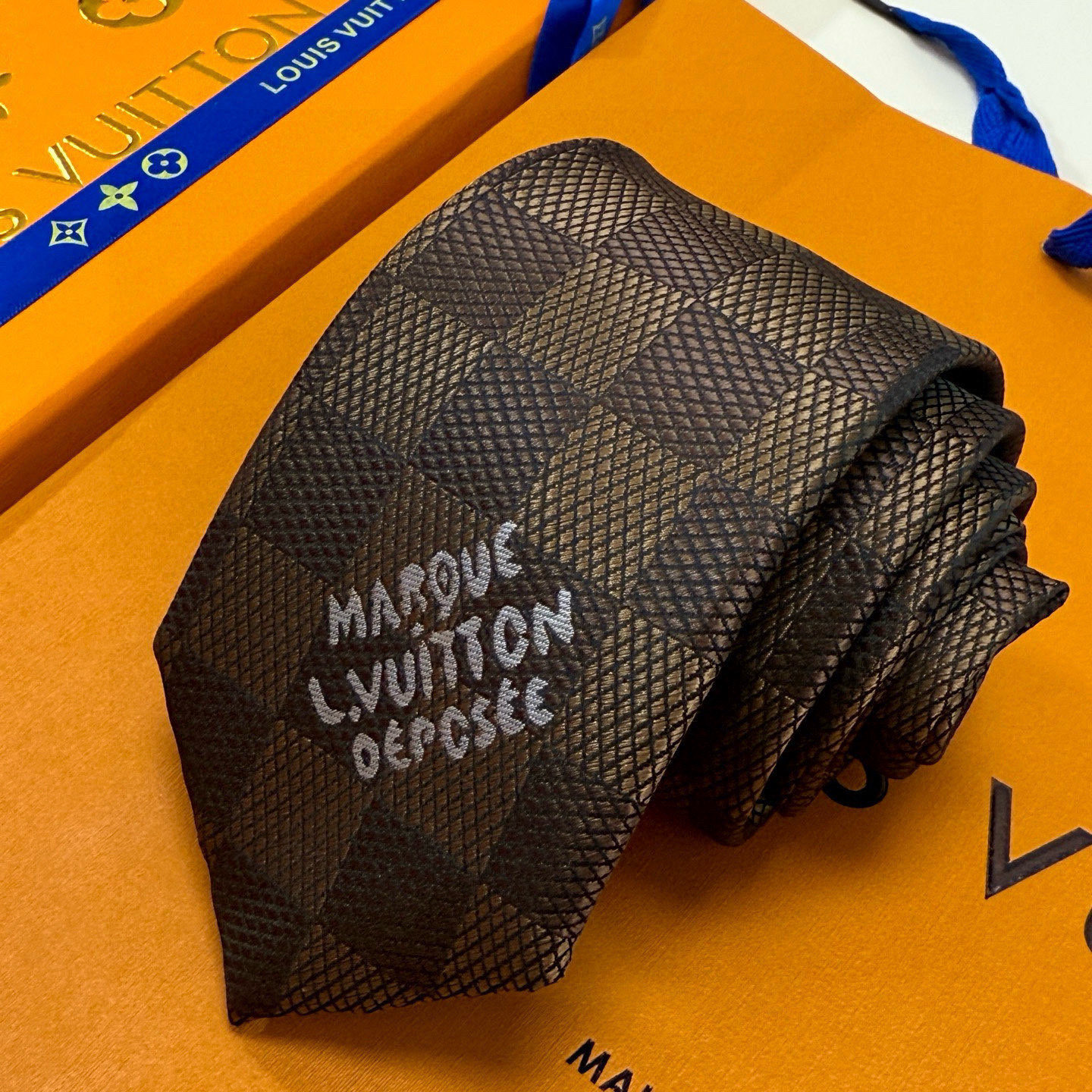 チェック柄 ネクタイ ルイヴィトン調 パーティ プレゼント 高級シルク調 光沢 ネイビー