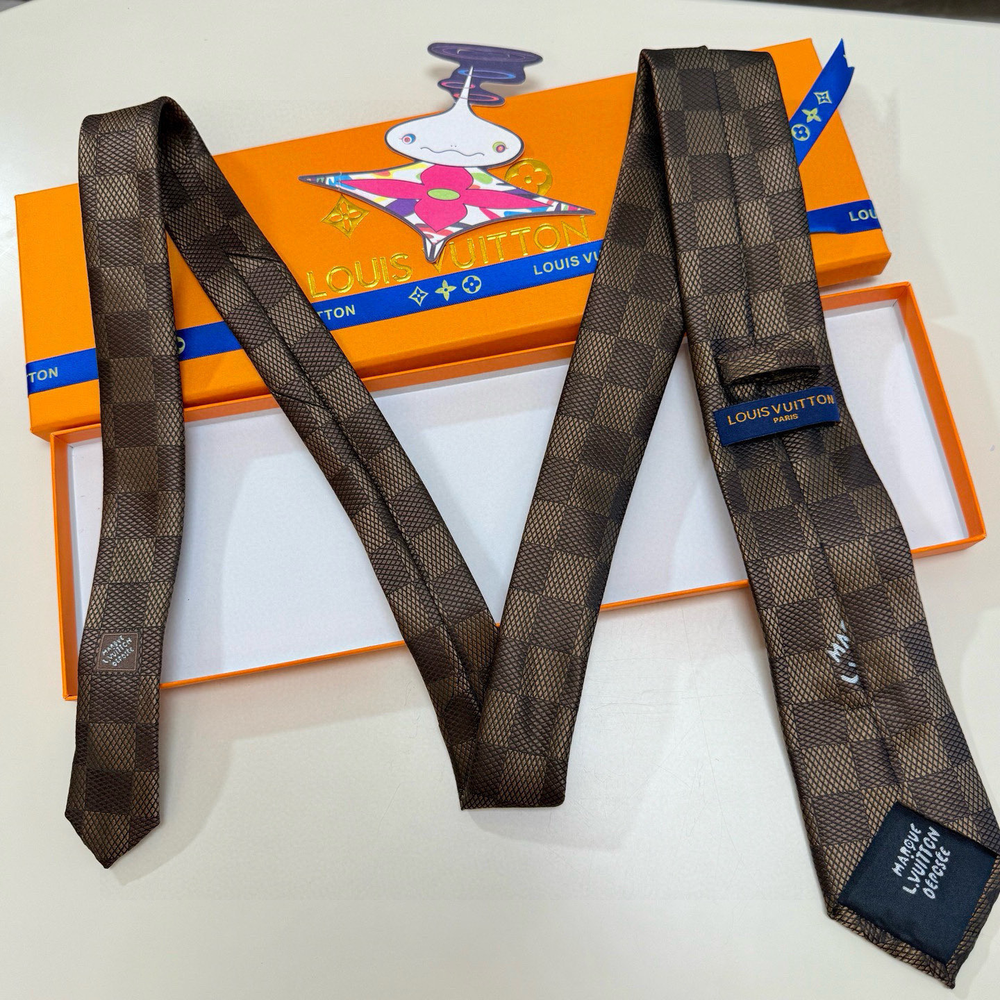 チェック柄 ネクタイ ルイヴィトン調 パーティ プレゼント 高級シルク調 光沢 ネイビー - 画像 8