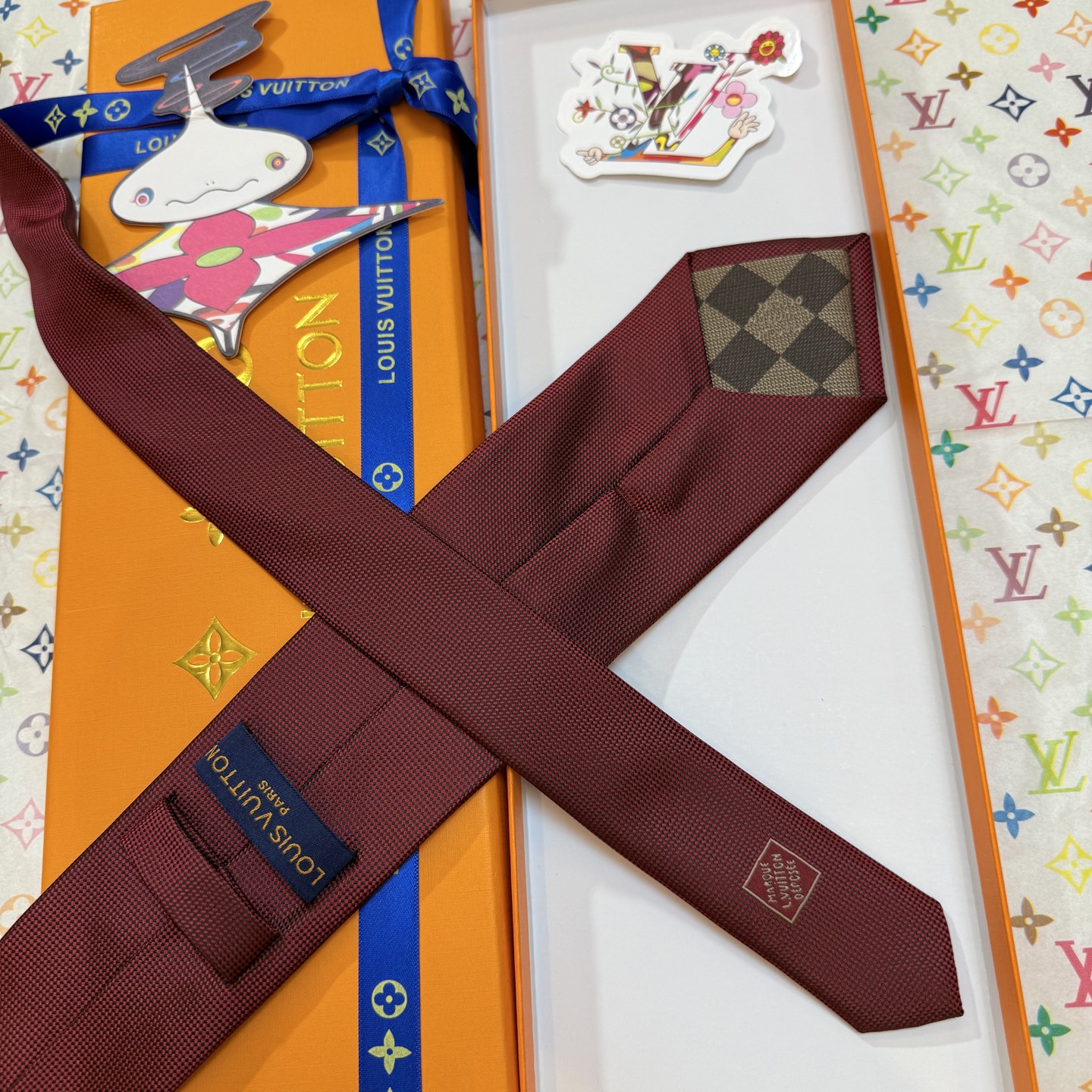 ダミエ風 ネクタイ ルイヴィトン調 結婚式 ホスト 衣装 高級シルク調 光沢 枣红色 - 画像 9