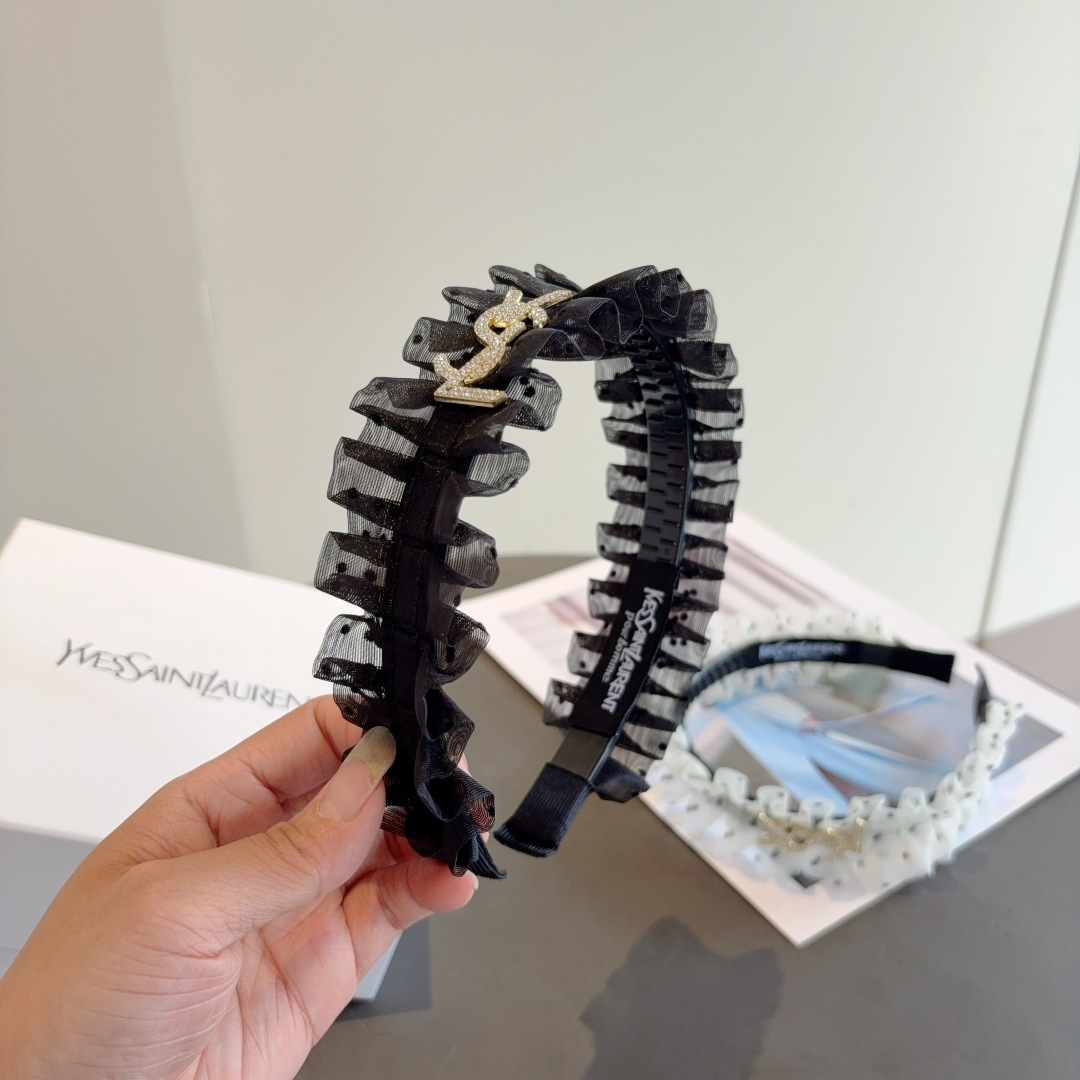 YSL イヴサンローラン ヘッドバンド フリル ロゴ イエローゴールド ブラック ホワイト 全2色 - 画像 2