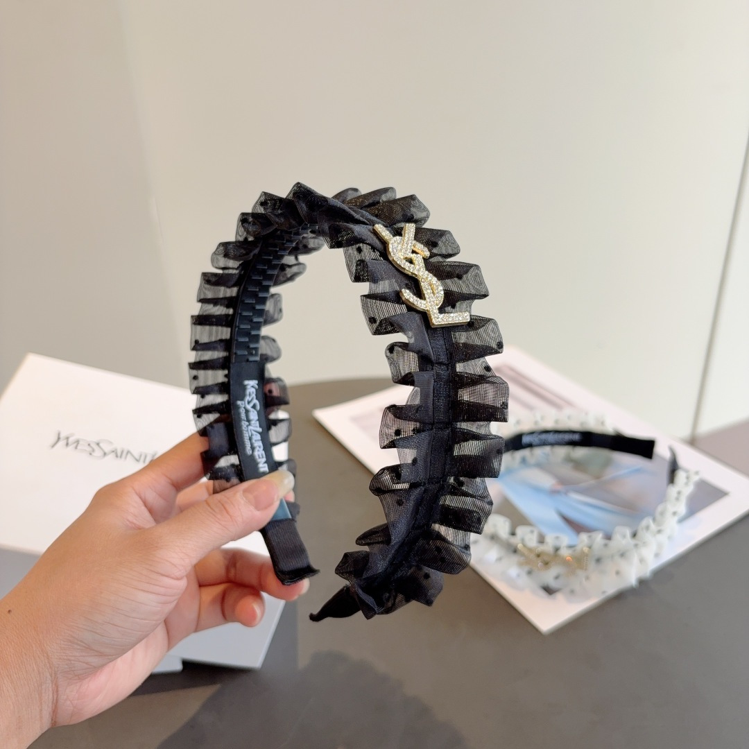 YSL イヴサンローラン ヘッドバンド フリル ロゴ イエローゴールド ブラック ホワイト 全2色 - 画像 3