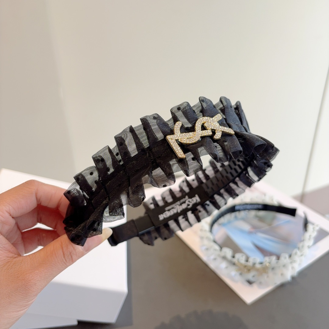 YSL イヴサンローラン ヘッドバンド フリル ロゴ イエローゴールド ブラック ホワイト 全2色 - 画像 4