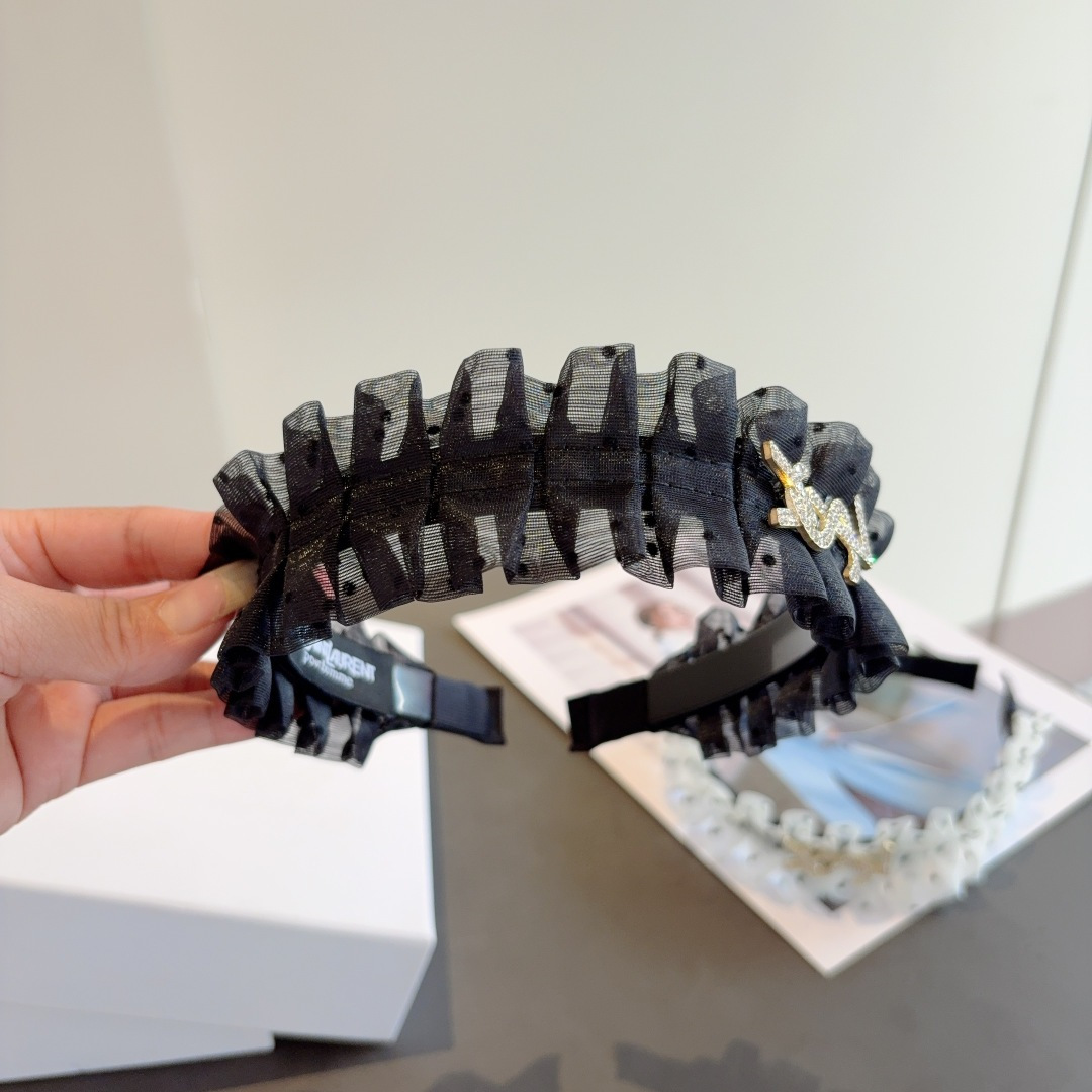 YSL イヴサンローラン ヘッドバンド フリル ロゴ イエローゴールド ブラック ホワイト 全2色 - 画像 5