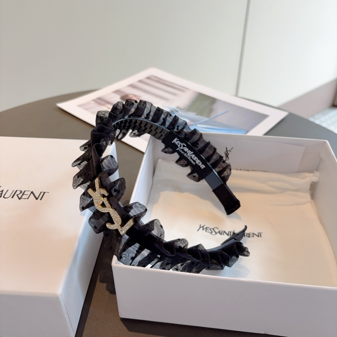 YSL イヴサンローラン ヘッドバンド フリル ロゴ イエローゴールド ブラック ホワイト 全2色 - 画像 6