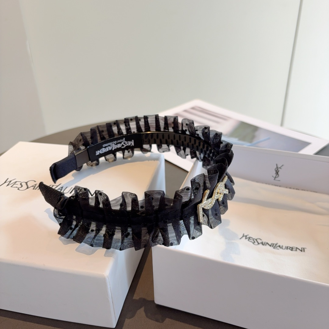 YSL イヴサンローラン ヘッドバンド フリル ロゴ イエローゴールド ブラック ホワイト 全2色 - 画像 7