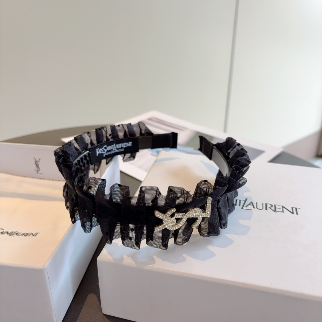 YSL イヴサンローラン ヘッドバンド フリル ロゴ イエローゴールド ブラック ホワイト 全2色 - 画像 8