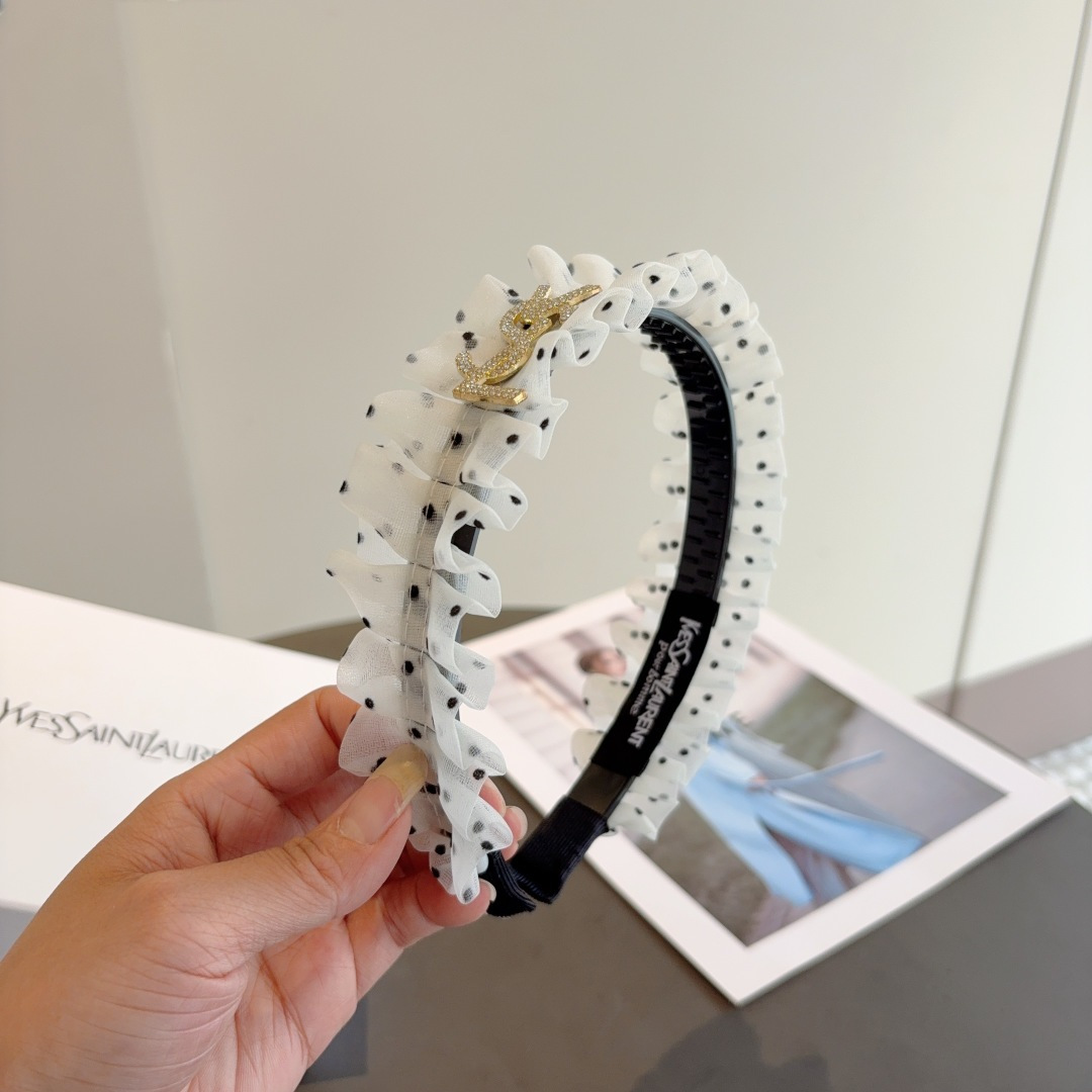 YSL エスエスエル ヘアバンド ポリドット ラッフル シルバー ブラック 全2色 - 画像 2