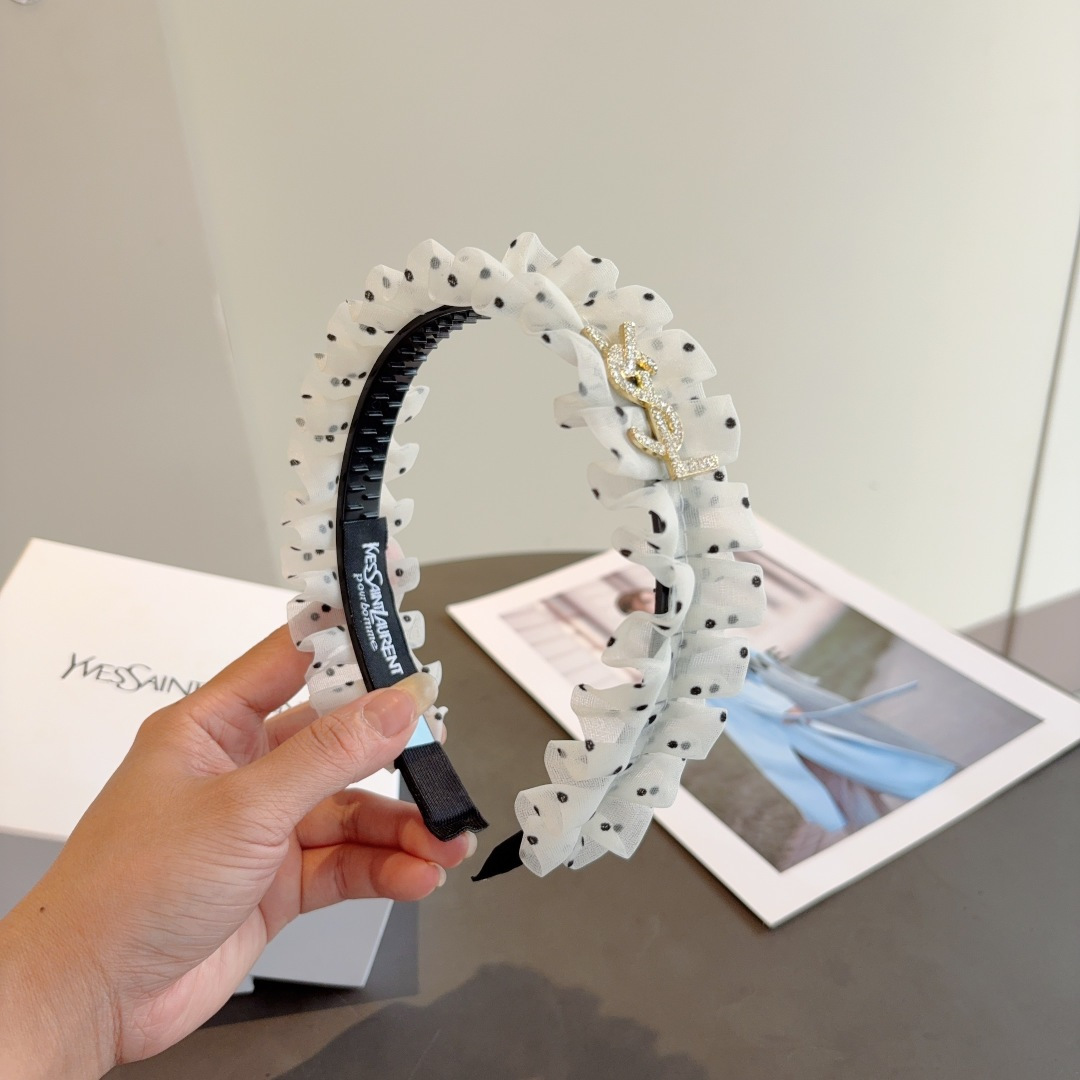 YSL エスエスエル ヘアバンド ポリドット ラッフル シルバー ブラック 全2色 - 画像 3