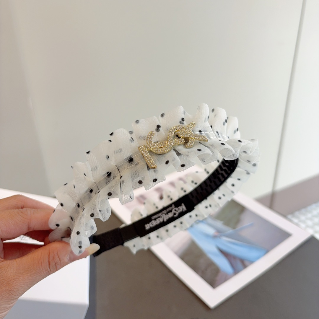 YSL エスエスエル ヘアバンド ポリドット ラッフル シルバー ブラック 全2色 - 画像 4