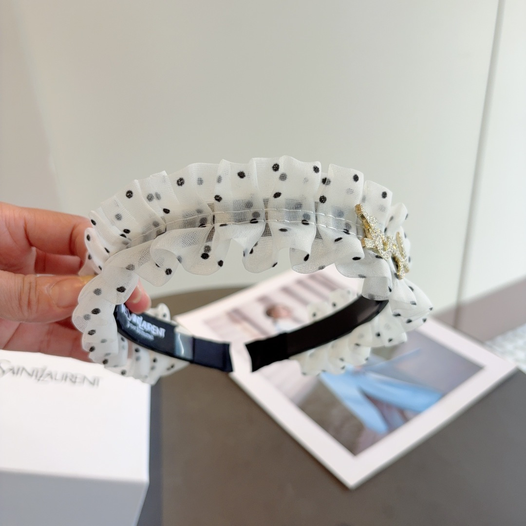 YSL エスエスエル ヘアバンド ポリドット ラッフル シルバー ブラック 全2色 - 画像 5