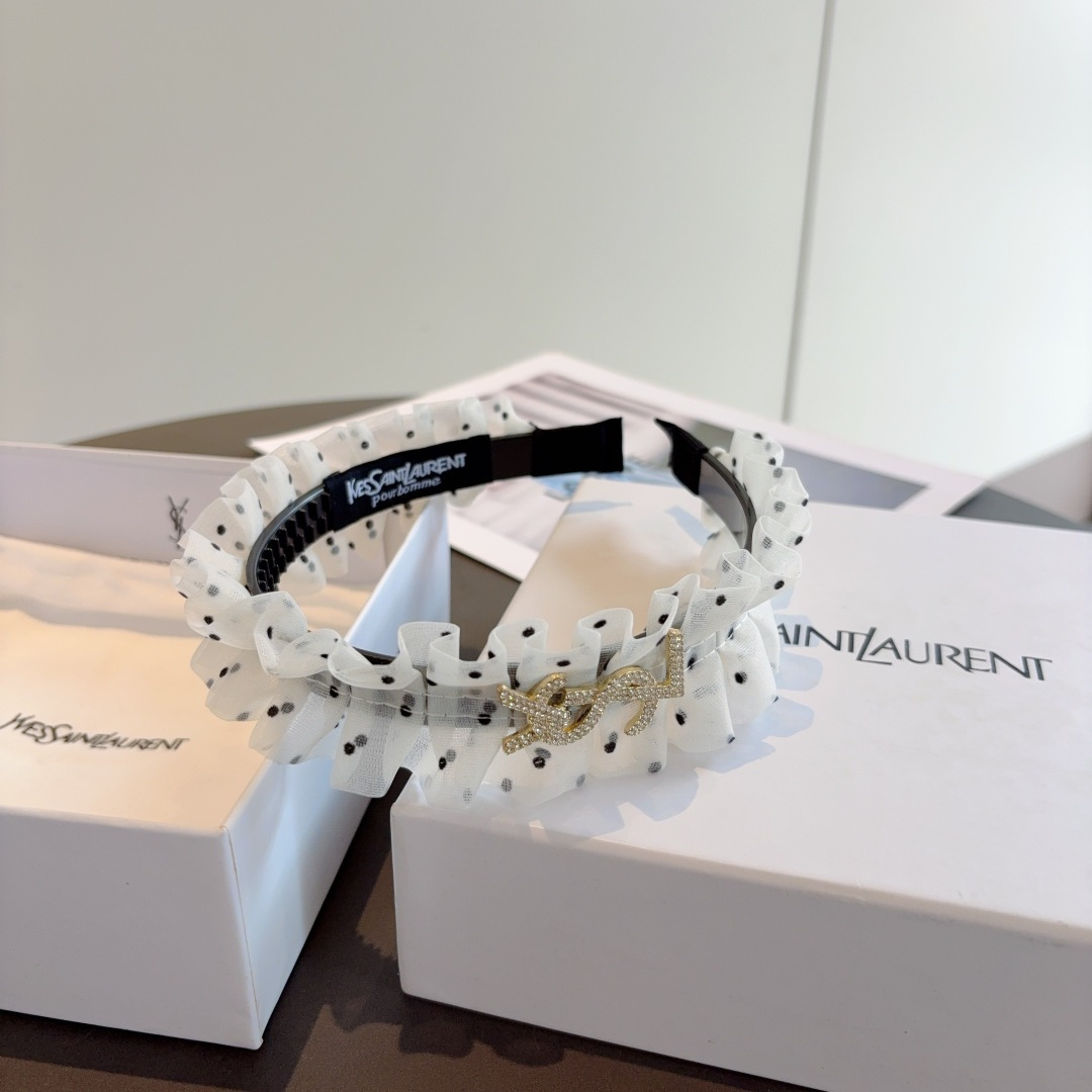 YSL エスエスエル ヘアバンド ポリドット ラッフル シルバー ブラック 全2色 - 画像 6