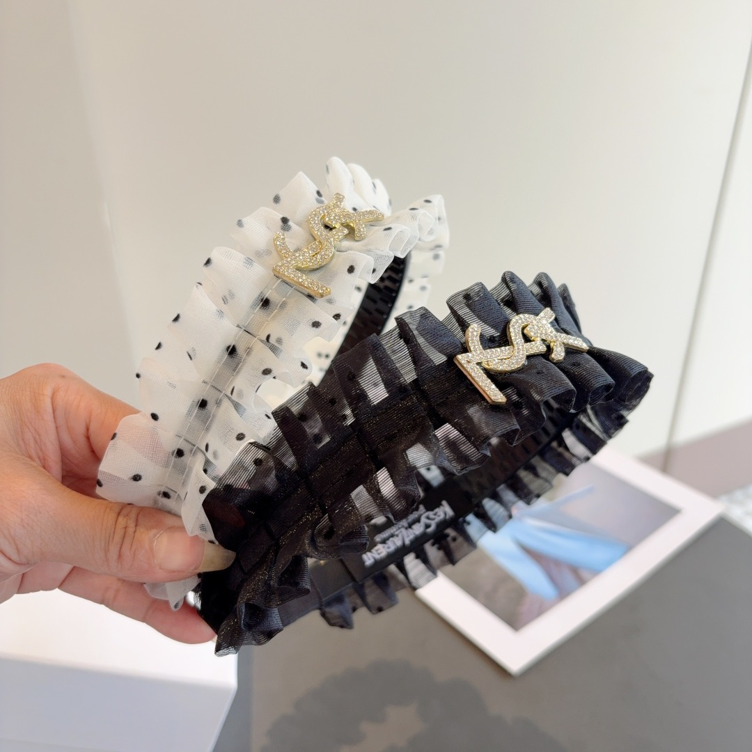 YSL エスエスエル ヘアバンド ポリドット ラッフル シルバー ブラック 全2色 - 画像 9