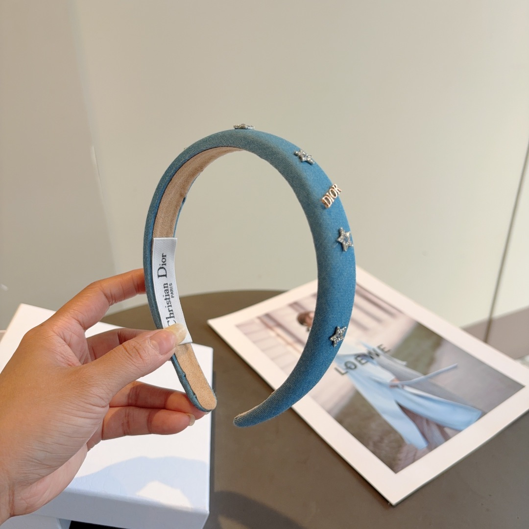 DIOR ディオール ヘアバンド 本革 デニム風 スター ブルー - 画像 2