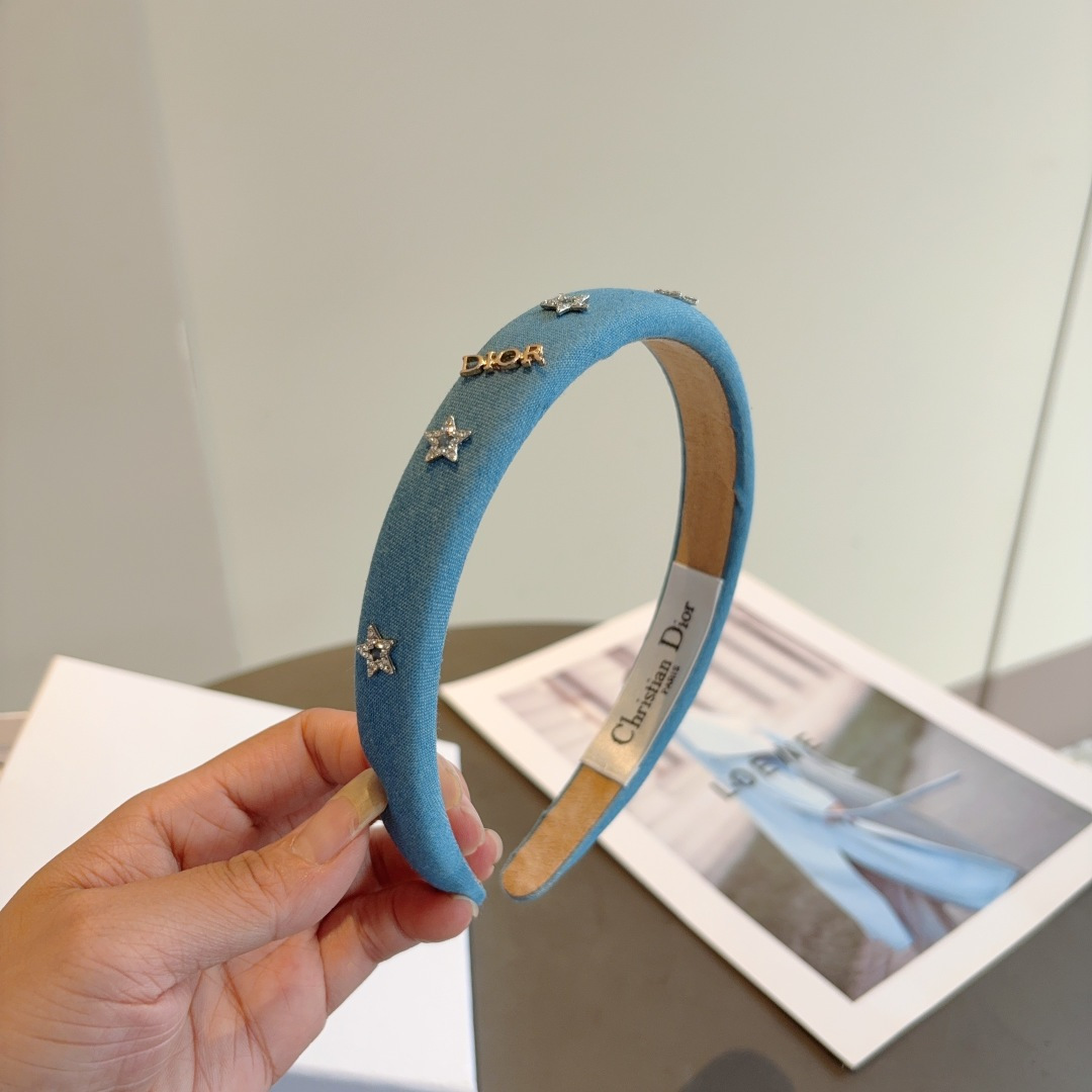 DIOR ディオール ヘアバンド 本革 デニム風 スター ブルー - 画像 3