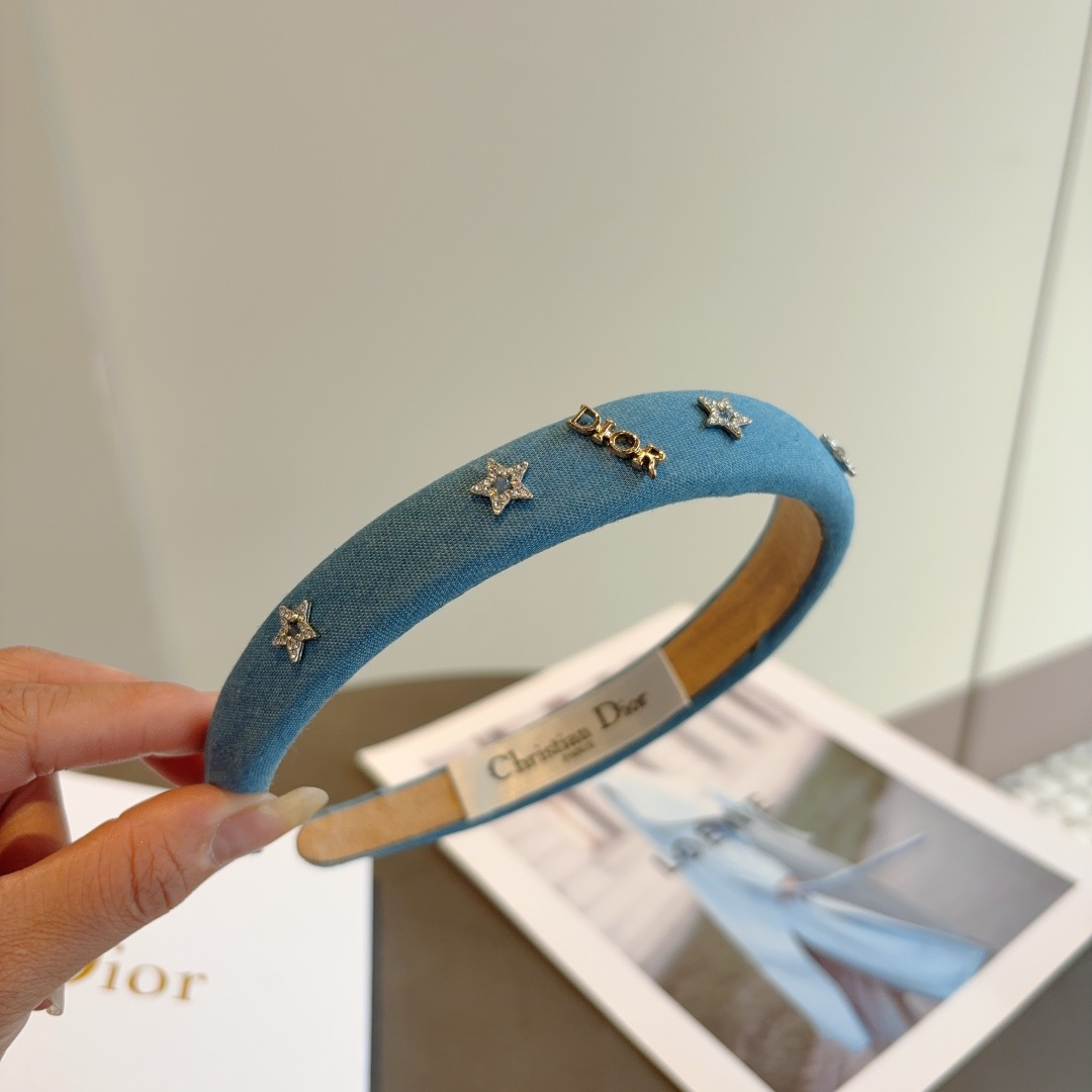 DIOR ディオール ヘアバンド 本革 デニム風 スター ブルー - 画像 4