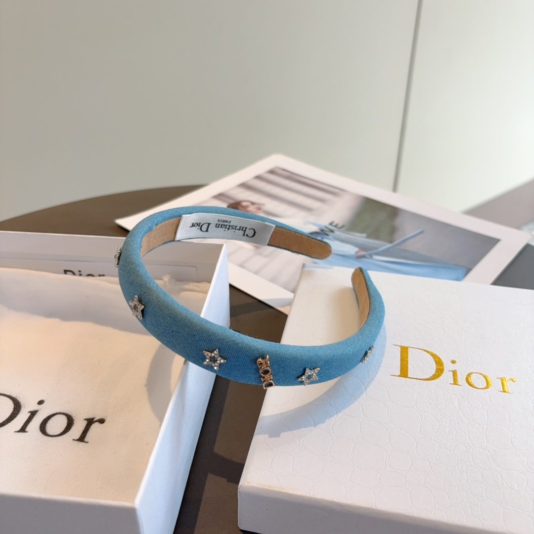 DIOR ディオール ヘアバンド 本革 デニム風 スター ブルー - 画像 7