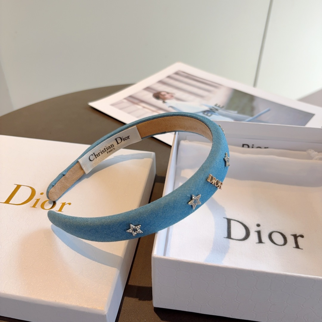DIOR ディオール ヘアバンド 本革 デニム風 スター ブルー - 画像 8