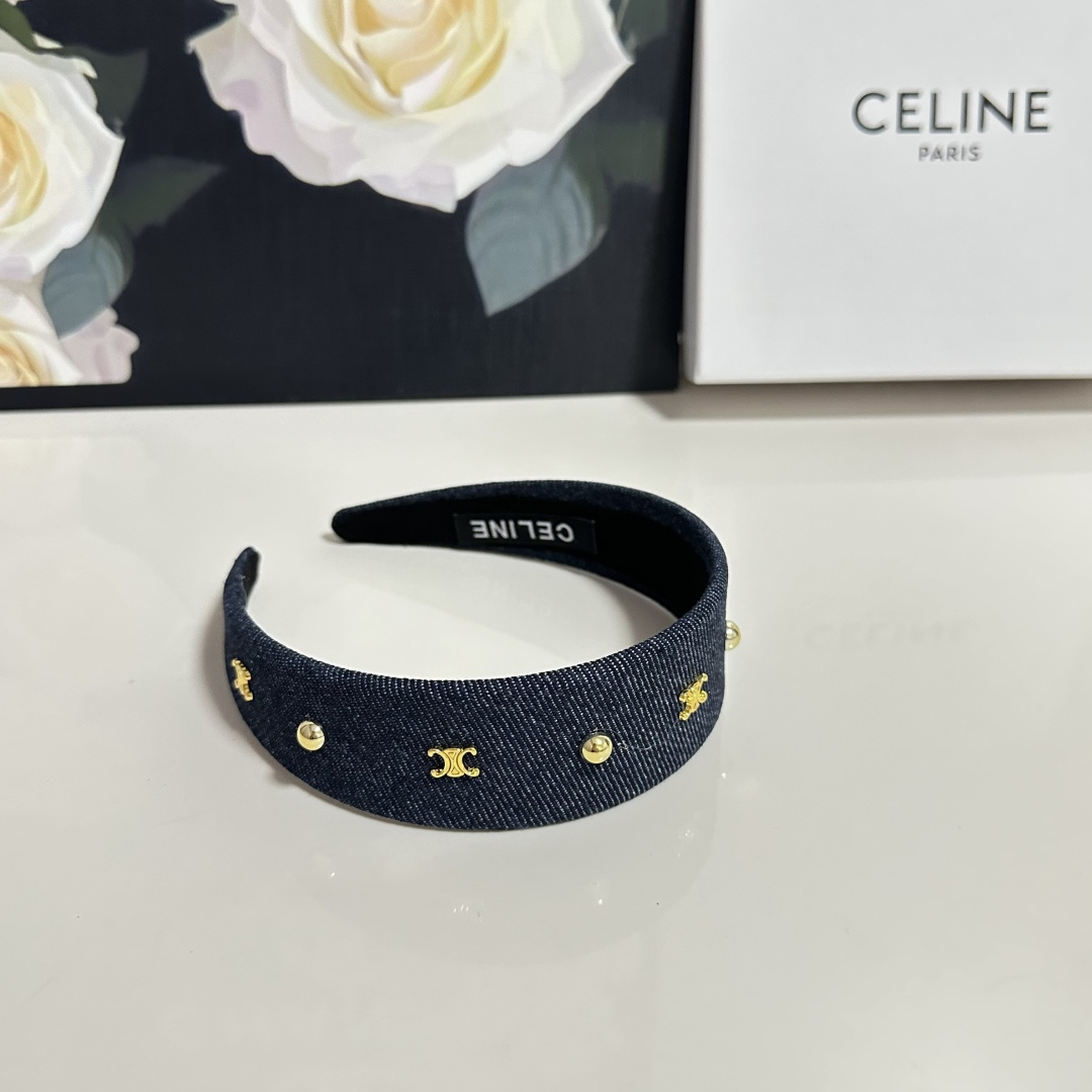 CELINE セリーヌ ヘアバンド デニム風 ロゴ ブランド トゥルーロゴ ブラック ネイビー ブルー 全3色 - 画像 1