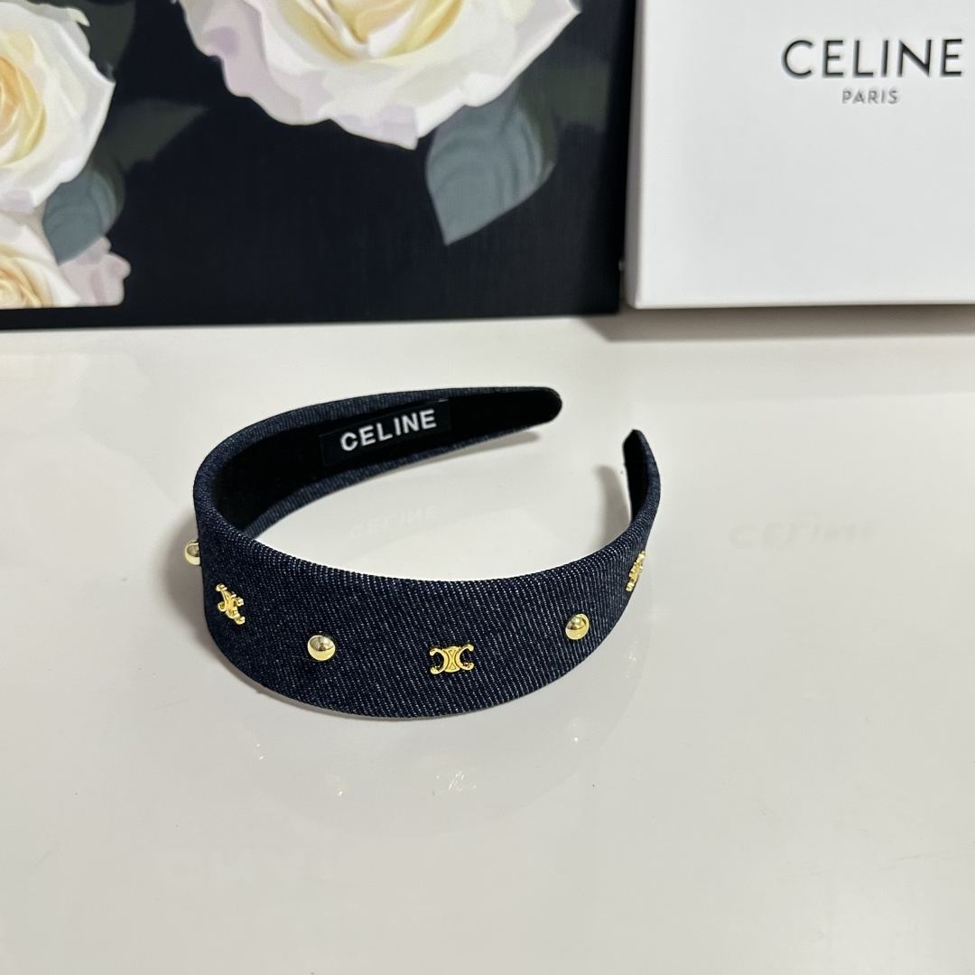 CELINE セリーヌ ヘアバンド デニム風 ロゴ ブランド トゥルーロゴ ブラック ネイビー ブルー 全3色 - 画像 2