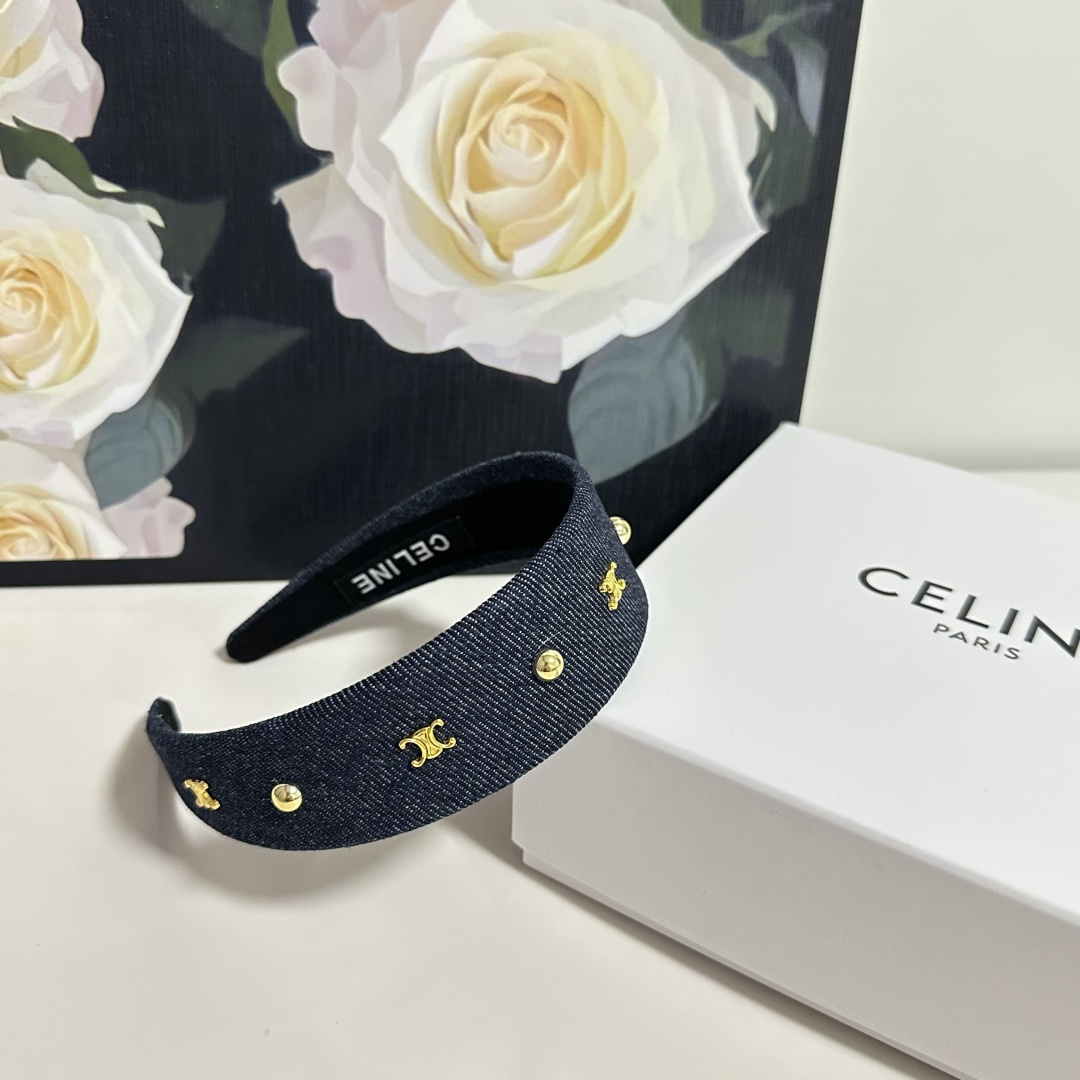 CELINE セリーヌ ヘアバンド デニム風 ロゴ ブランド トゥルーロゴ ブラック ネイビー ブルー 全3色 - 画像 3