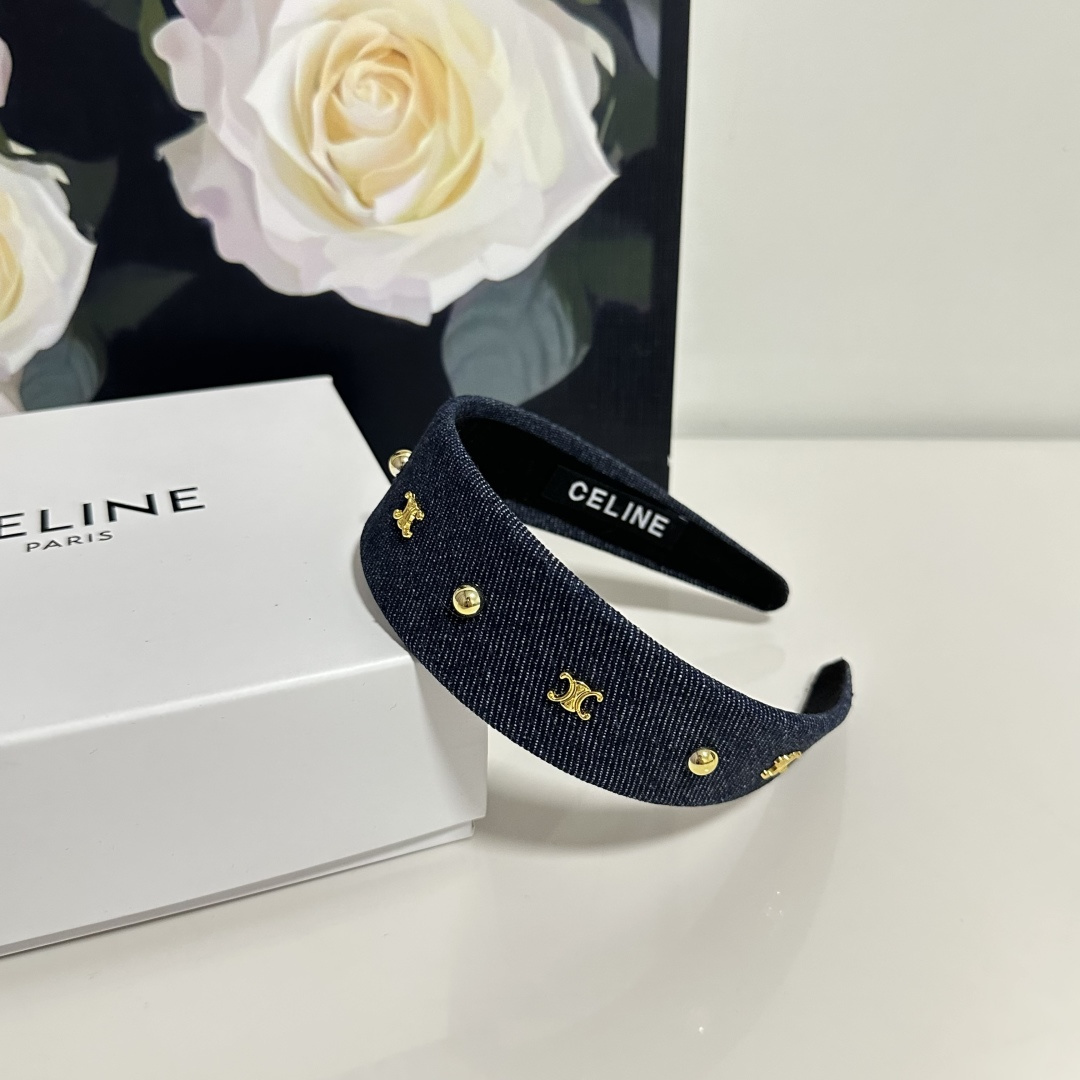 CELINE セリーヌ ヘアバンド デニム風 ロゴ ブランド トゥルーロゴ ブラック ネイビー ブルー 全3色 - 画像 4