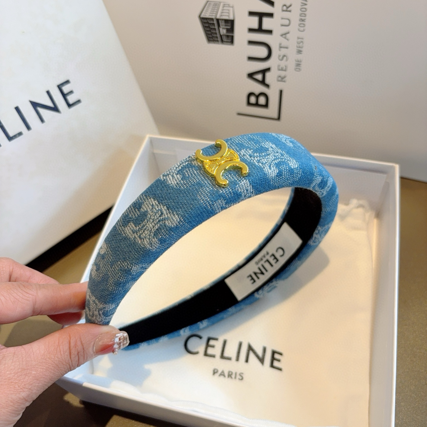 CELINE セリーヌ ヘッドバンド 本革 ブルー - 画像 7