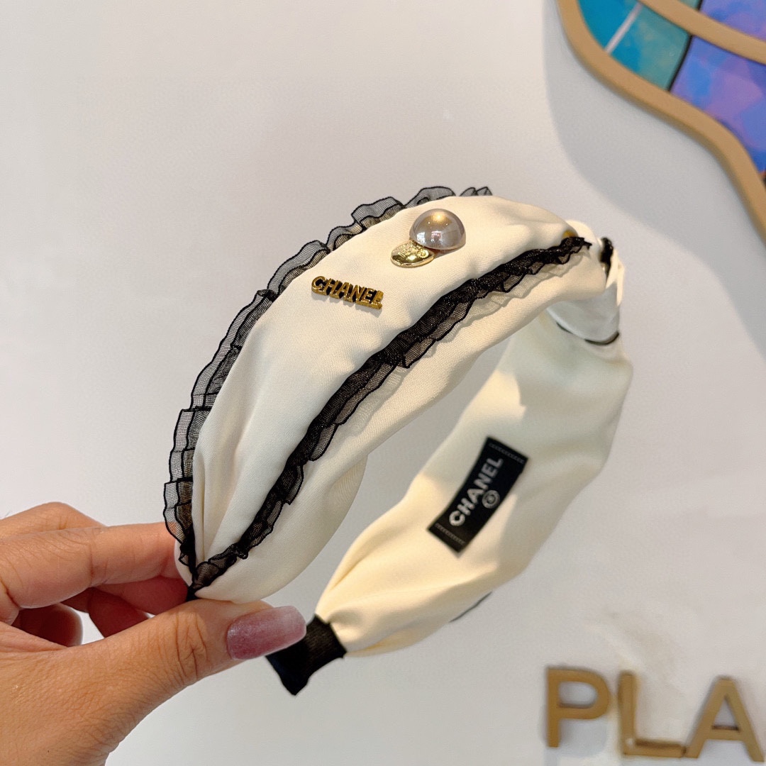 CHANEL シャネル ヘアバンド 本革 レース ピンク ブラック ベージュ 全3色 - 画像 3