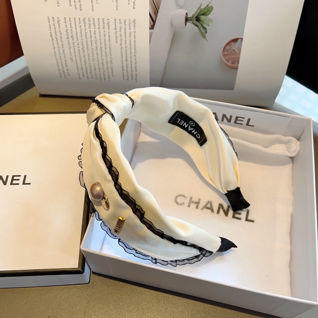 CHANEL シャネル ヘアバンド 本革 レース ピンク ブラック ベージュ 全3色 - 画像 5