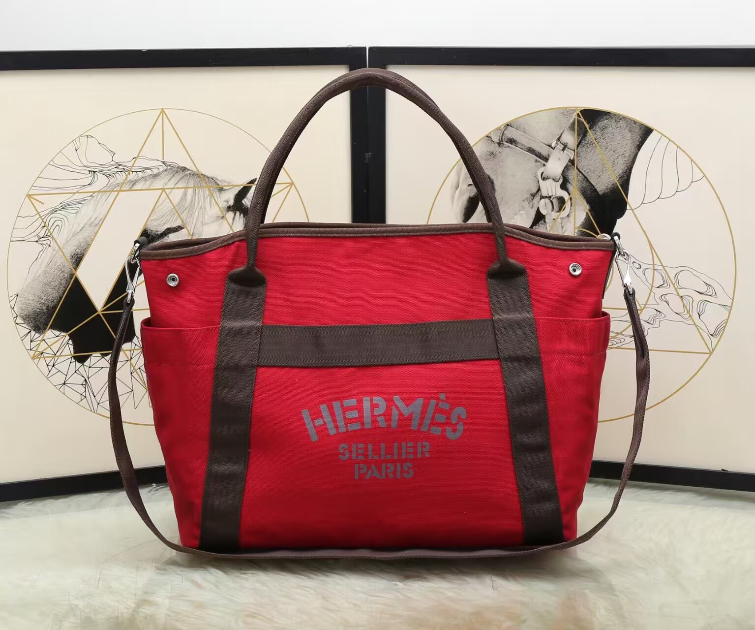 ハーフ手縫い　エルメス　Hermes　サックドパンサージュ グルーム　キャンバス　男女兼用　2WAYバッグ　マザーズバッグ　トートバッグ　ハンドバッグ　ストラップ付 　4色 - 画像 4