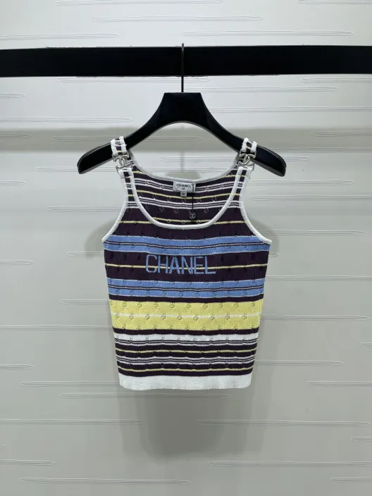 CHANEL シャネル ニット レディース タンクトップ 条纹 ロゴ ブラック ホワイト ブルー イエロー