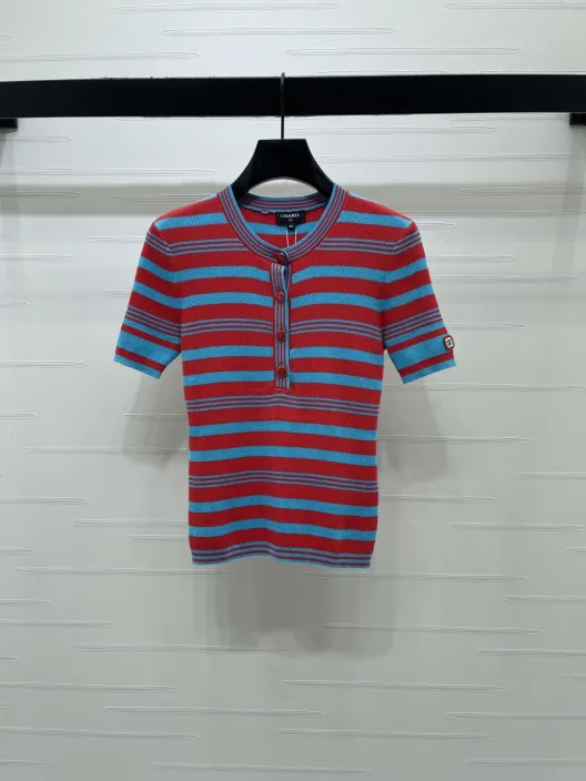 CHANEL シャネル ニット Tシャツ レディース 半開襟 ロング丈 撞色ストライプ レッドブルー
