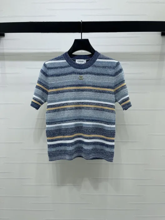 CHANEL シャネル ニット Tシャツ メンズ レイヤード ミニロゴ ブルー イエロー ホワイト