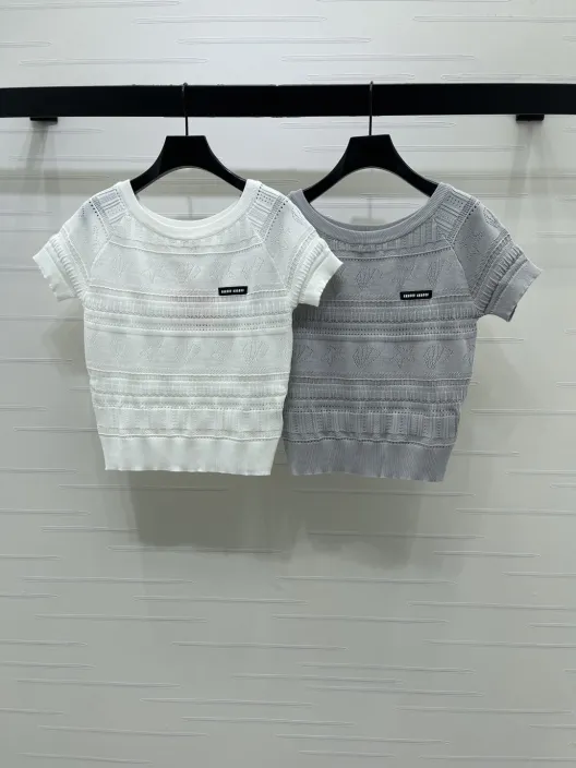 MiuMi ミューミー ニット Tシャツ レディース ロング丈 レース風デザイン レース風 ホワイト グレー