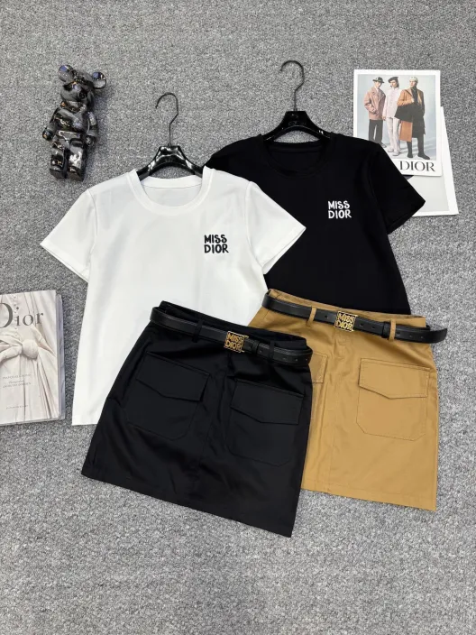 Dior コピー ロゴ刺繍Tシャツとポケットデザイン半ズボンのセット 白黒 ブラック ベージュ