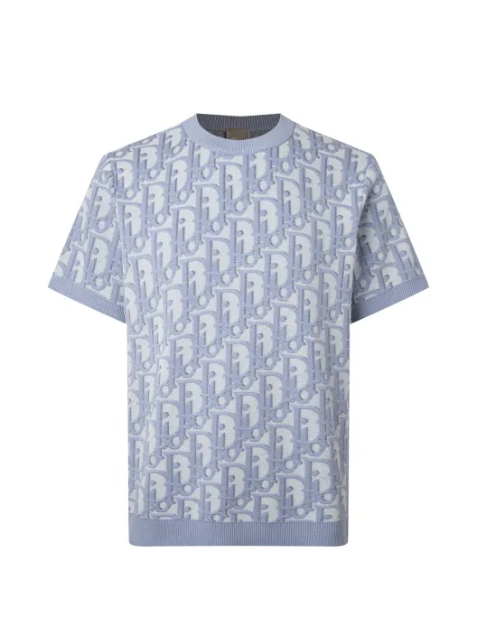 Dior コピー ロゴ柄ニットTシャツ レディース 天蓝色 ショートスリーブ ロゴプリント