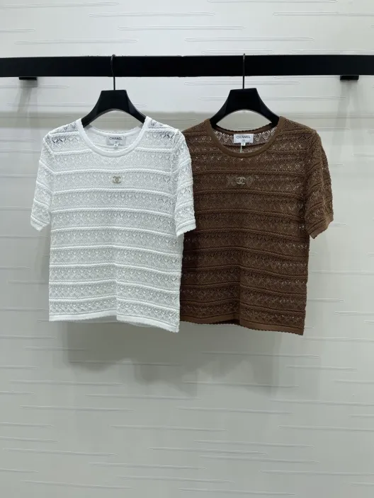 CHANEL コピー ニットTシャツ レディース 通気性抜群のレースデザイン 半袖 オーガンジー風 ホワイト ブラウン