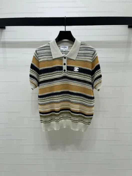 CHANEL ニット ポロシャツ コピー レディース ロゴ柄 リブ衿 通勤 通学 カラーブロック