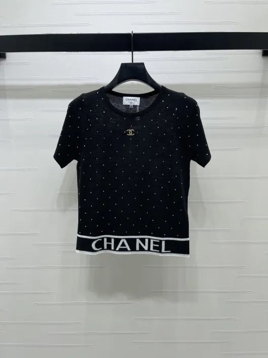 CHANEL コピー ニット Tシャツ ロゴ刺繍 ポイント刺繍 黒