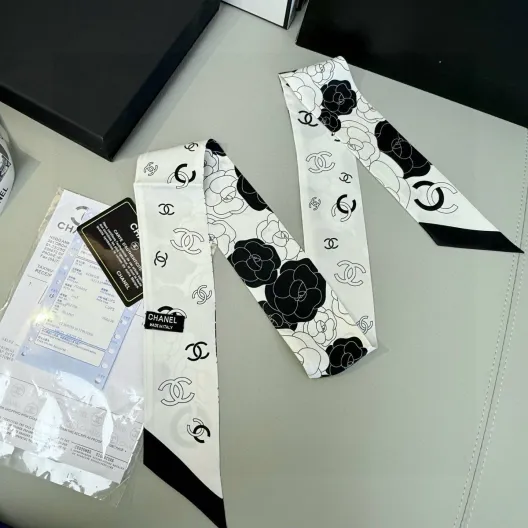 CHANEL シャネル ロゴカメリア柄 ロングリボン ブラック ホワイト