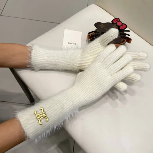 Celine セリーヌ レディース 手袋 グローブ 毛糸 袖口 毛皮 防寒 触屏対応 ホワイト レッド おしゃれ 通勤 ギフト 高級感