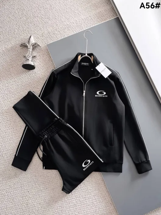 BALENCIAGA バレンシアガ メンズ セットアップ ジップアップパーカー ロゴワッペン ロゴテープ スポーツウェア 秋冬 ブラック