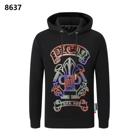 PHILIPP PLEIN フィリッププリーン メンズ パーカー プルオーバー ロゴプリント フロントロゴ フードの立ち上がり 立体フード ブラック