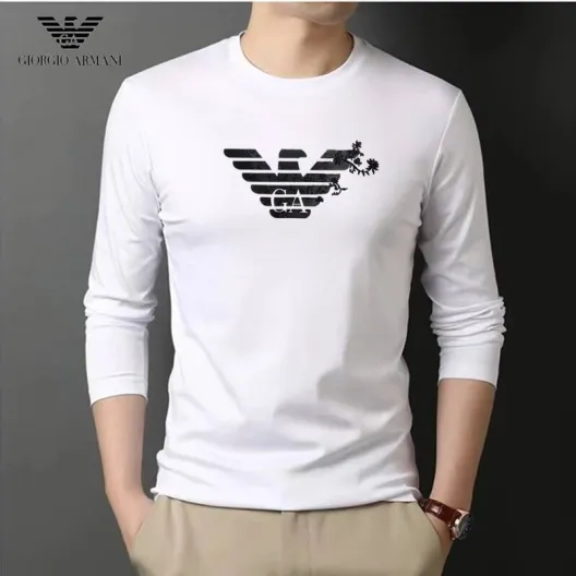 ARMANI ジョージアロ メンズ ロンT 長袖Tシャツ クルーネック 袖リブ ロゴプリント オーバーサイズ ホワイト