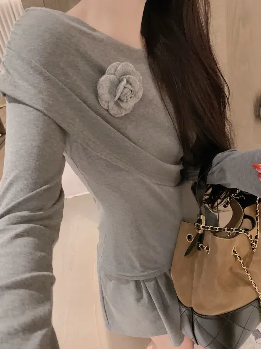 chanel グレー ロングスリーブ フラワーデザイン ワンピース 1色