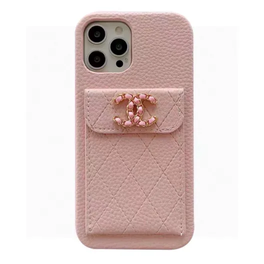 iPhoneケースシャネル風 ポケット付きスマホケース ピンク 2色入