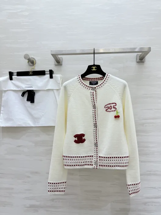 CHANEL 430 Chane2 ファッションカーディガン チェリーデザイン レッド ウール サイズ363840