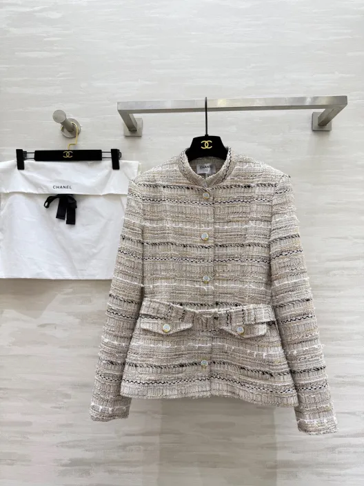 CHANEL 430 Chane2 秋冬 フランネル編み ベルト付き コート ナチュラルベージュ (SML)