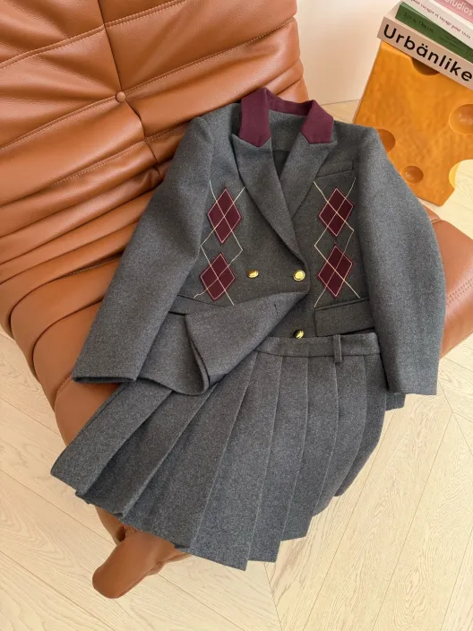 560 レトロ ファッション 25秋冬 ダブルブレスト プリーツスカート ウール ボルドー刺繍 グレー | ファッションセット
